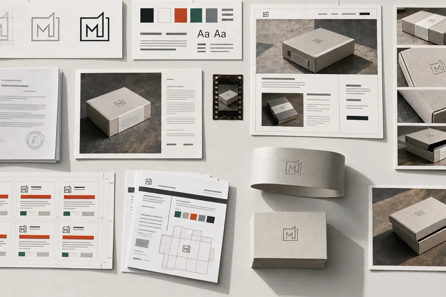 Flat-lay materiałów marki na jasnym blacie: arkusz ze znakiem, karta kolorów i typografii, etykiety, banderola, wykrojnik opakowania i zdjęcia markowego pudełka.