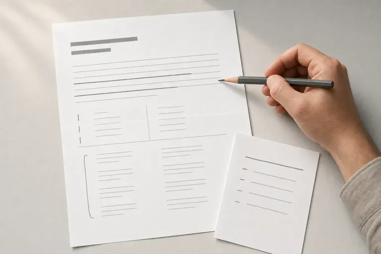 Dłoń z ołówkiem nad wydrukiem formularza z polami i listą punktów, obok druga kartka z notatkami — lista kontrolna sprawdzenia nazwy.