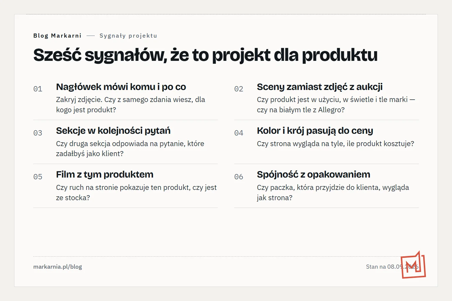 Numerowana lista sześciu sygnałów projektu dla produktu z krótkim sposobem sprawdzenia każdego.